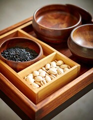 Wooden bowls with seeds and grains