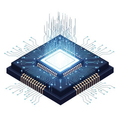Isometric illustration of a complex computer microchip with glowing circuitry.