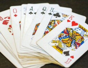 Fan of playing cards, various ranks and suits, on dark surface