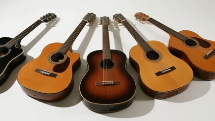 Fototapeta premium Five acoustic guitars arranged in a row on a neutral background