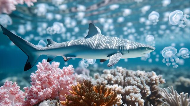 A serene underwater scene featuring a shark swimming near vibrant pink coral and jellyfish in a clear ocean.