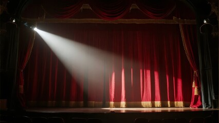 Spotlight illuminating an empty stage with closed red curtains in a theater