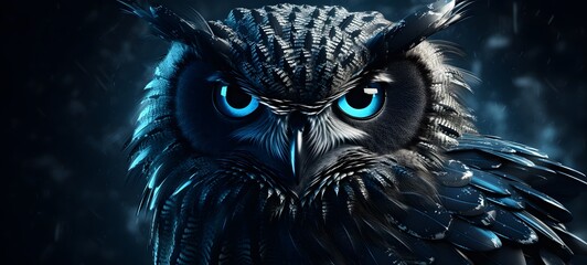 The black background contrasts sharply with the bright blue silver light emitted by white owl, generative AI