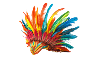 Vibrant feathered headdress for carnival celebration with colorful festive style isolated on transparent background PNG