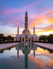 Mosque at sunset, reflected in a tranquil pool