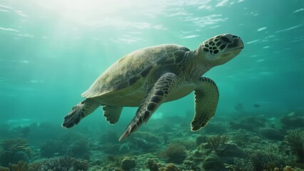Fototapeta premium Sea Turtle Gliding Through Coral Reef Underwater