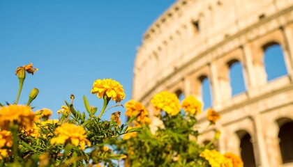 Yellow flowers bloom near the Colosseum