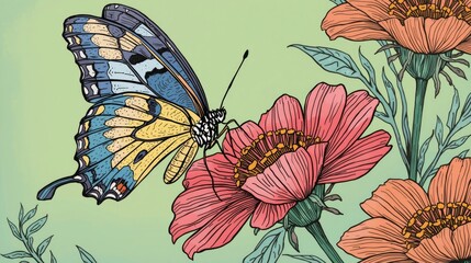 Elegant Butterfly on Blooming Cosmos Flowers A Nature Illustration