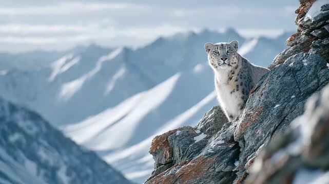 A snow leopard perched on a rocky outcrop, overlooking a snowy mountain landscape with a serene atmosphere.