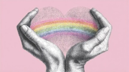 Hands holding heart shaped rainbow artistic illustration