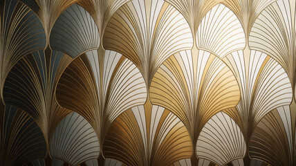 “Luxurious Art Deco wallpaper, metallic gold-bronze embossed texture, symmetrical fan motifs with radiating feather-like lines