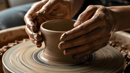 potter with wet clay on their hands shapes a pot on a spinning wheel in a workshop, a closeup of the craft. - Powered by Adobe