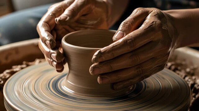 potter with wet clay on their hands shapes a pot on a spinning wheel in a workshop, a closeup of the craft.