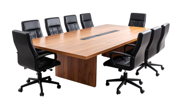 Modern boardroom table with leather chairs ready for a professional business meeting or presentation