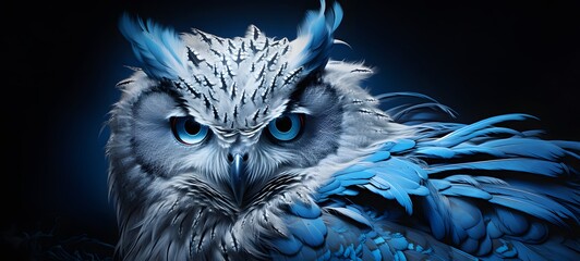 The black background contrasts sharply with the bright blue silver light emitted by white owl, generative AI