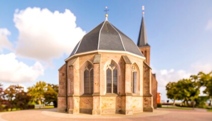 Obraz premium Blurred church exterior, autumnal trees, sunny day