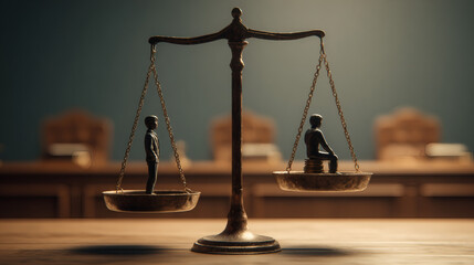 Bronze Balance Scale Tilted in Courtroom, Symbolizing Wealth Inequality and Injustice