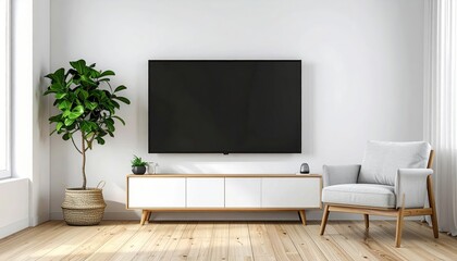 Bright minimalist living room interior with a large flat screen television on a white cabinet, cozy armchair, potted plant, natural light, modern decor