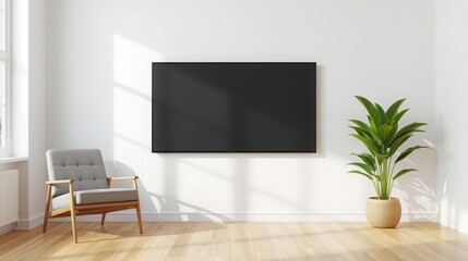 Modern minimalist living room with large wall mounted flat screen television, cozy armchair, lush green potted plant, bright natural light, clean white walls