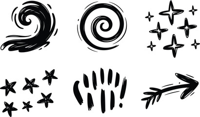 Hand-drawn black and white graphic elements and symbols