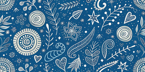 Naklejka premium Blue and White Doodle Pattern Background with Hand Drawn Floral and Abstract Elements