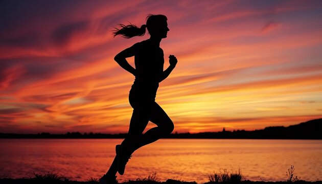 Silhouette of runner in motion against vibrant sunset backdrop, vitality, active - Powered by Adobe