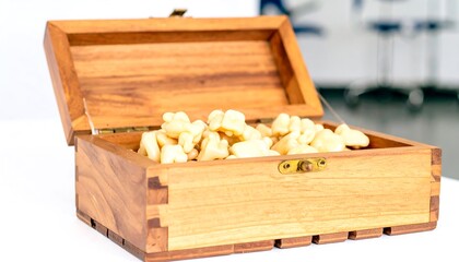 Wooden box filled with small, light-colored objects