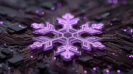 Glowing purple snowflake resting on circuit board symbolizing cold computing power