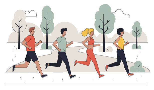 A diverse group of men and women of various ages are actively jogging together through a scenic park, promoting health and wellness.