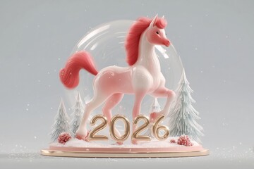 Pink horse celebrating new year 2026 in a snowy crystal ball