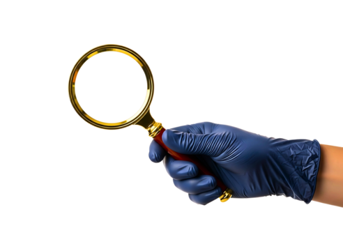 Hand wearing blue glove holding magnifying glass isolated on transparent background