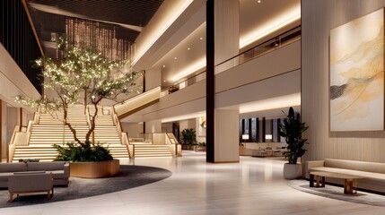 Modern hotel lobby featuring elegant staircase, lush greenery, and ambient lighting for guest relaxation
