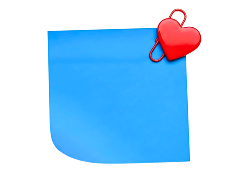 sticky note with a red heart shaped paperclip isolated on transparent background