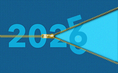 The new year 2026 is unzipped and exposed from beneath the number 2025 in a 3-d illustration. © Rob Goebel