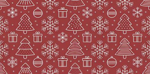Elegant Christmas Tree and Snowflake Pattern on Red Background for Holiday Season Decor