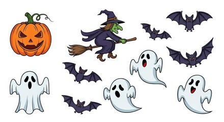 Fototapeta premium Halloween Cartoon Elements: Pumpkin, Witch, Bats, and Ghosts.