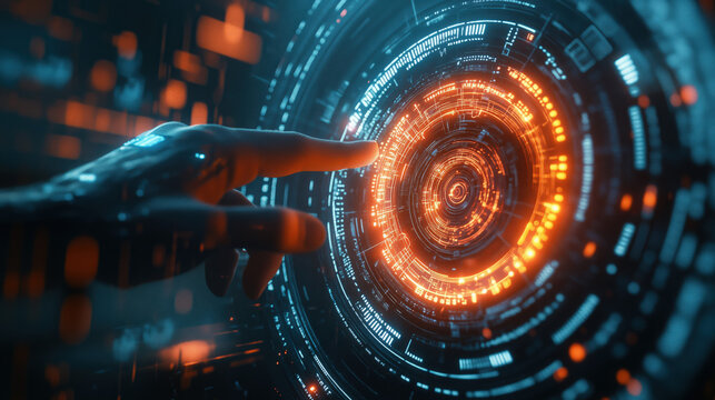 Artificial intelligence hologram interface, futuristic technology background, glowing neon elements - Powered by Adobe