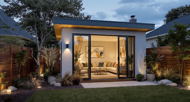 Modern backyard garden studio with glass doors and outdoor lighting at dusk