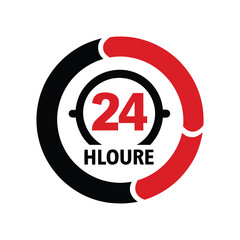 24 hour service icon vector in red and black for customer support, emergency services, fast delivery, logistics, and business availability graphics. Perfect for apps, websites, and marketing use.