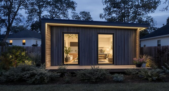 Modern backyard studio, illuminated at dusk, minimalist design, wooden siding, exterior view, contemporary architecture, garden lighting, home office, guest house, backyard retreat, outdoor livin