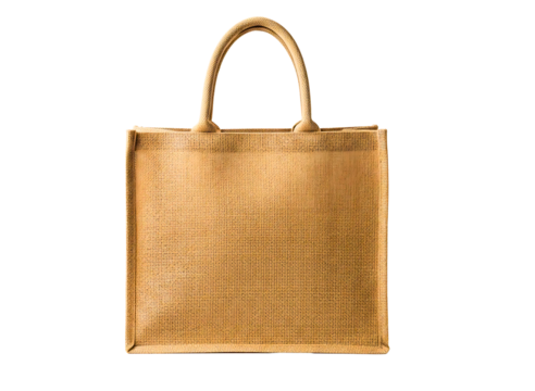 Natural jute shopping bag with handles isolated on transparent background