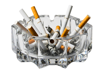 Crystal ashtray filled with cigarette butts isolated on transparent background