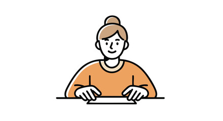 Young woman working at a desk with focused determination in a modern minimalist style illustration