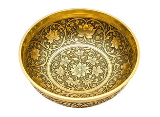 Antique ornate brass bowl with intricate floral patterns isolated on transparent background