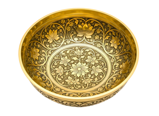 Antique ornate brass bowl with intricate floral patterns isolated on transparent background