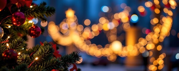 Captivating image of a Christmas tree decorated with ornaments and festive lights against a soft, blurred bokeh background