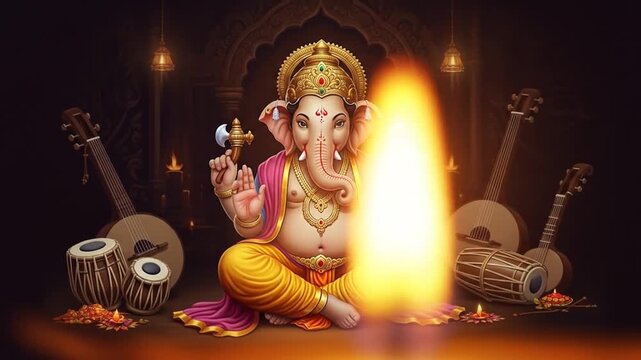 Gentle animation of Lord Ganesha's blessings with the backdrop of Indian musical instruments