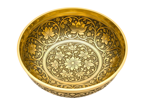Antique ornate brass bowl with intricate floral patterns isolated on transparent background - Powered by Adobe