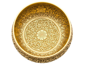 Antique ornate brass bowl with intricate floral patterns isolated on transparent background