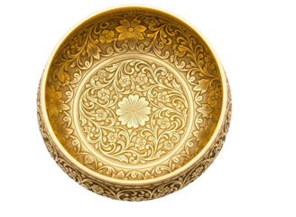 Antique ornate brass bowl with intricate floral patterns isolated on transparent background